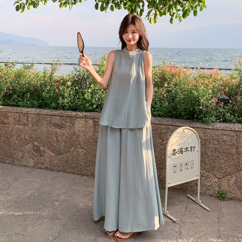 休闲时尚灰色挂脖上衣阔腿裤套装女夏2025新款两件套绝美俏皮流行,女装套装/套裙,2C271