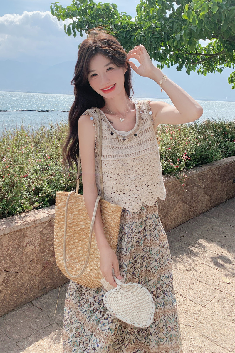 波西米亚风罩衫吊带裙套装女2025夏季新款高级感碎花连衣裙两件套,女装套装/套裙,2C259