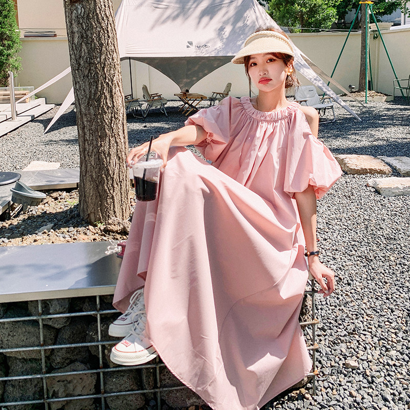 纯色甜美露肩连衣裙女夏季2025新款设计感法式宽松泡泡袖长款裙子,女装连衣裙,2C110