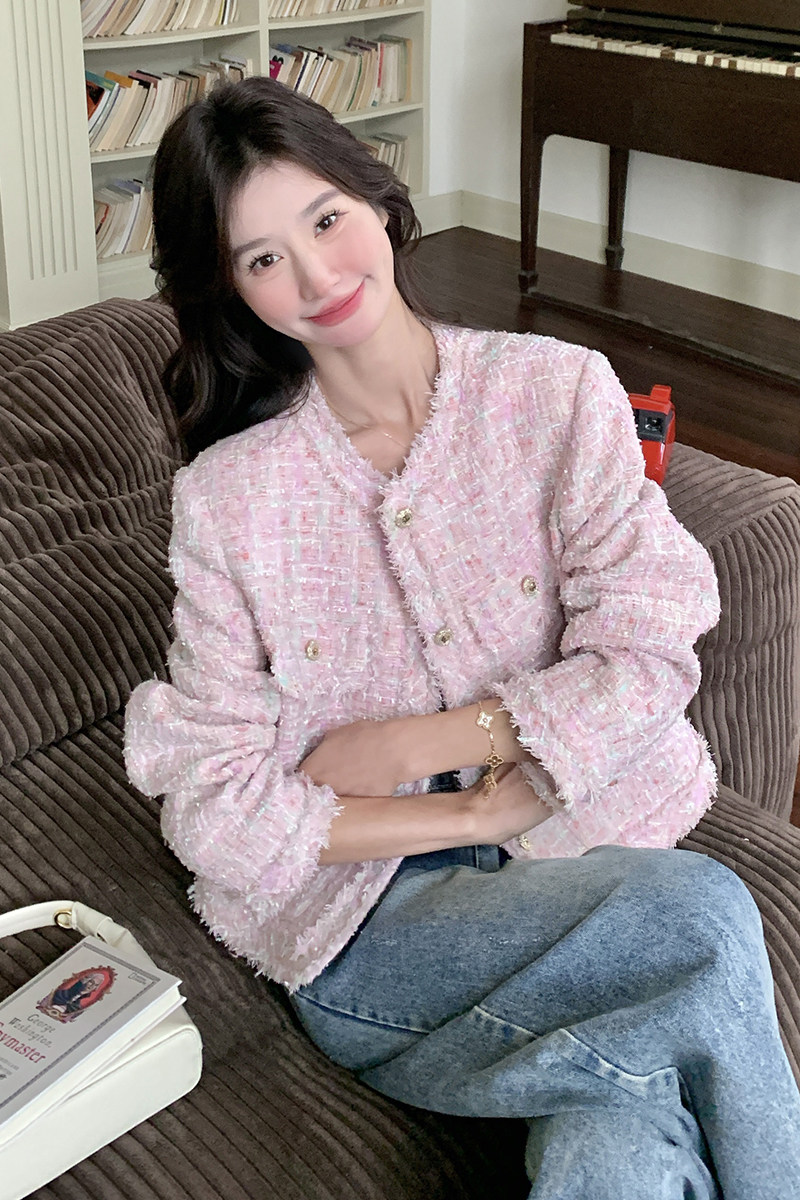 绝美气质感粉色短款小香风外套女春秋超火好看高级感小众夹克上衣,女装短外套,2D035