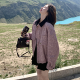 撞色翻领休闲皮粉色短外套女春秋2025新款小个子夹克上衣流行爆款，女装短外套，2C177