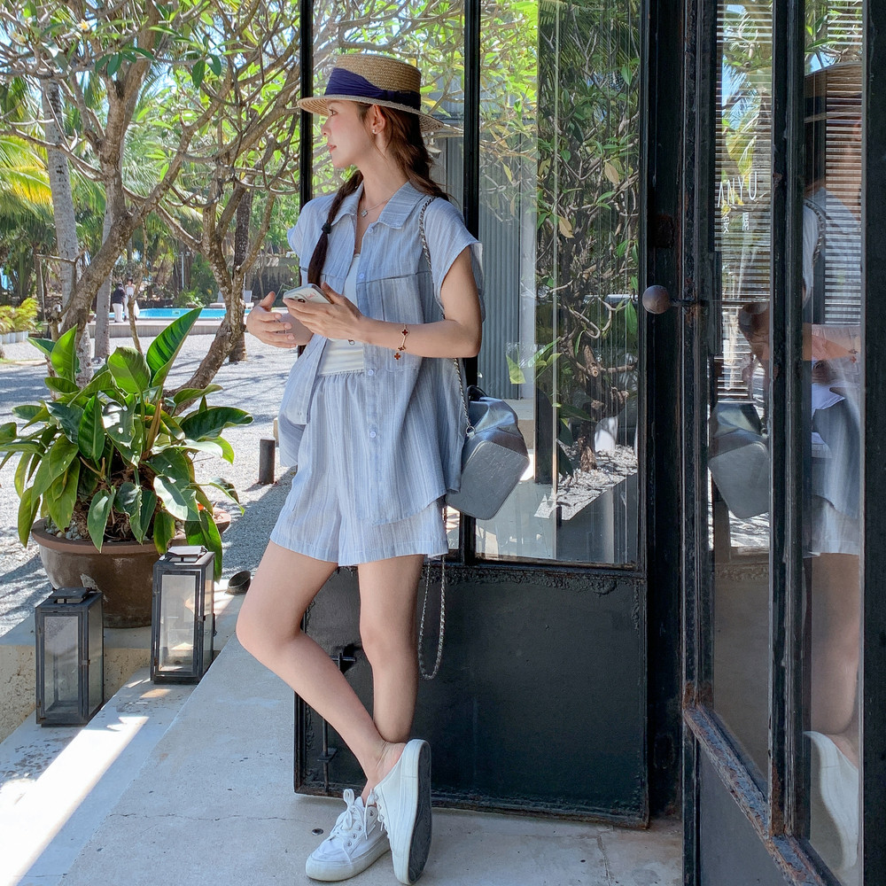 活泼减龄条纹短袖衬衫套装女2025年夏季新款小个子休闲短裤两件套,女装套装/套裙,2C135