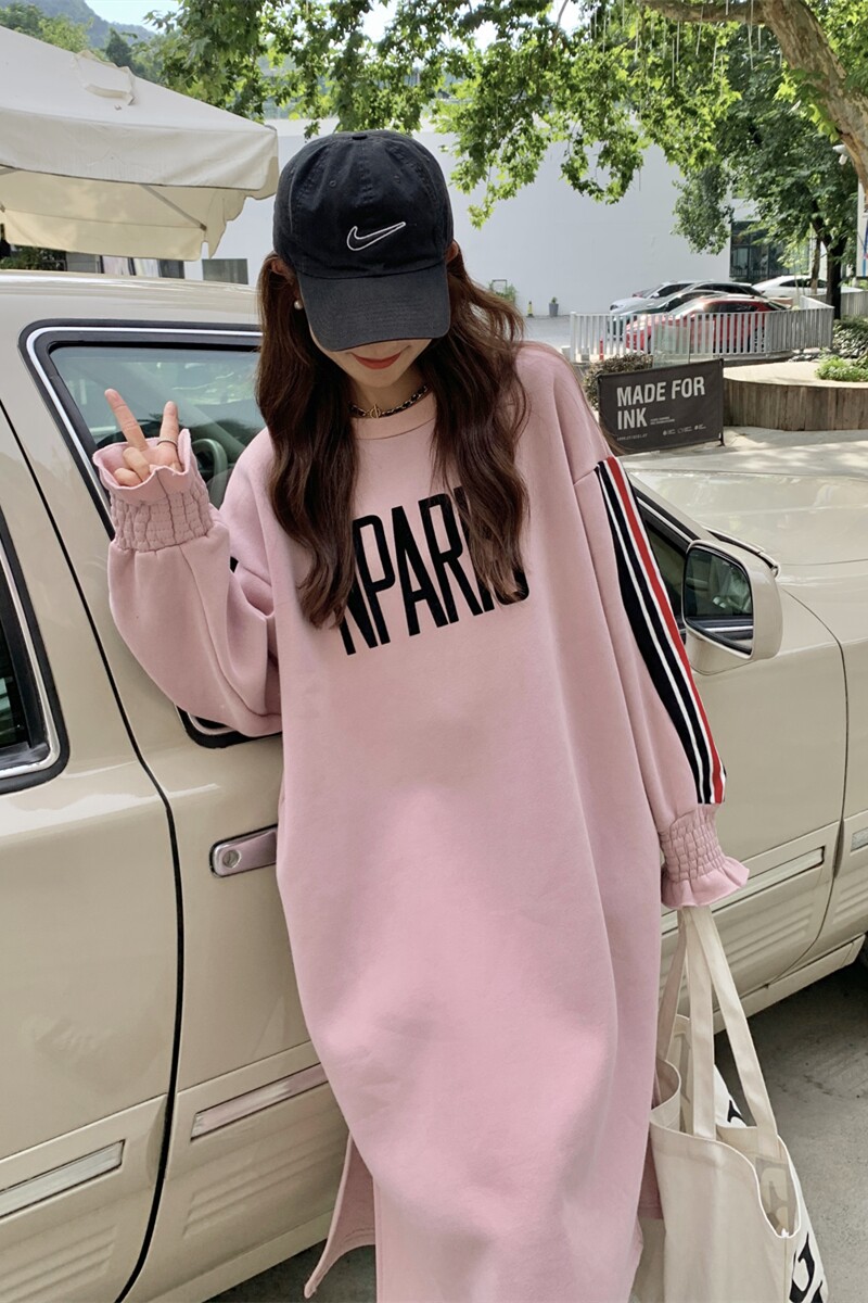 现货！2025冬装粉色加绒刺绣长款卫衣2C056-9001-P130控188,女装卫衣/绒衫,2C056