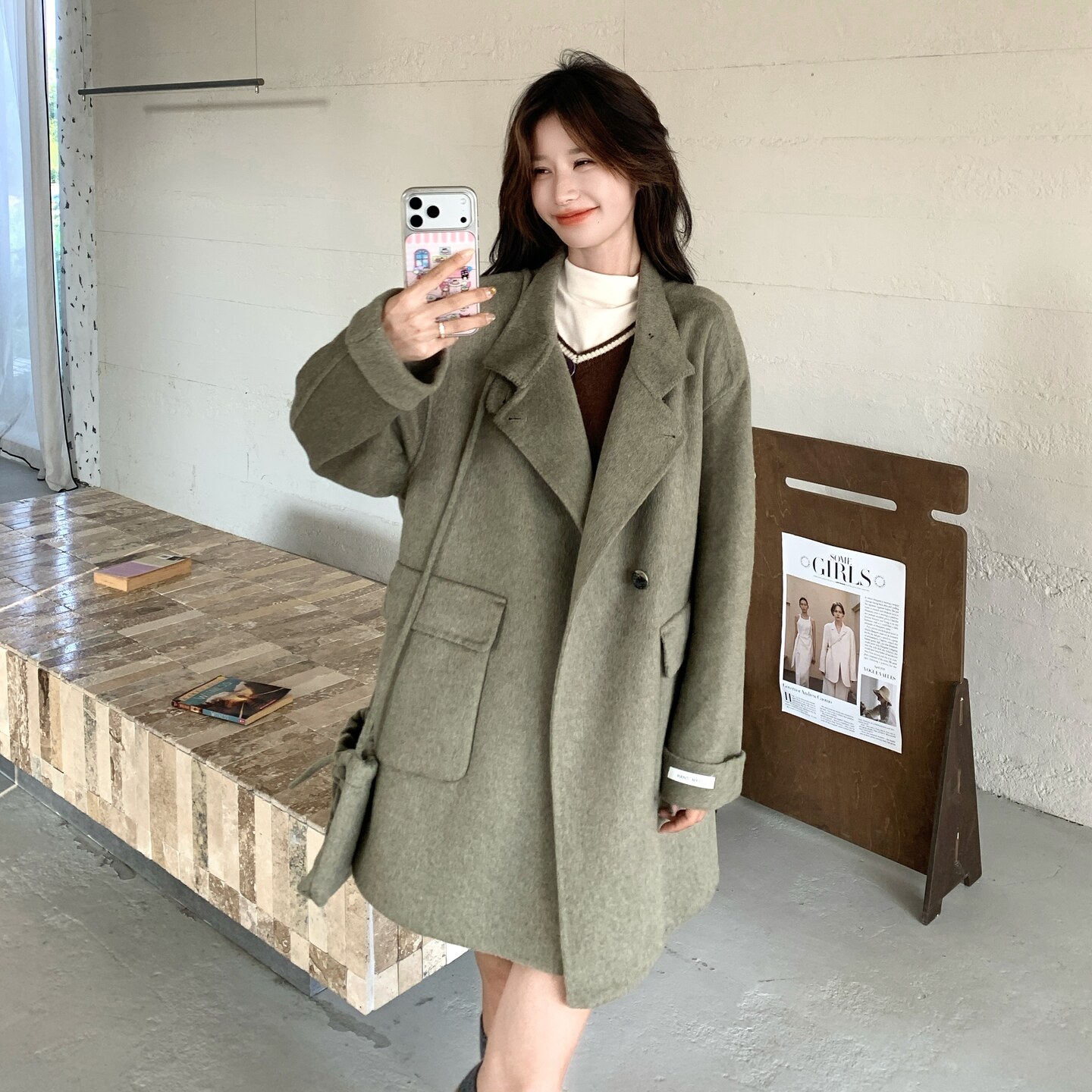 韩系chic绿色双面羊绒大衣女秋冬超火好看高级小众中长毛呢厚外套,女装毛呢外套,2D035