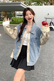 新中式印花拼接牛仔外套女2025春秋新款时尚休闲国风复古盘扣上衣，女装短外套，2C177