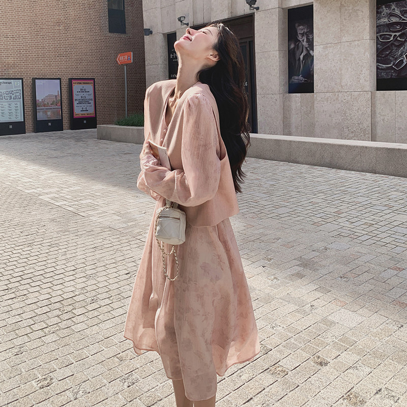 气质高级感穿搭粉色马甲配碎花连衣裙女春秋法式绝美漂亮长裙套装图片