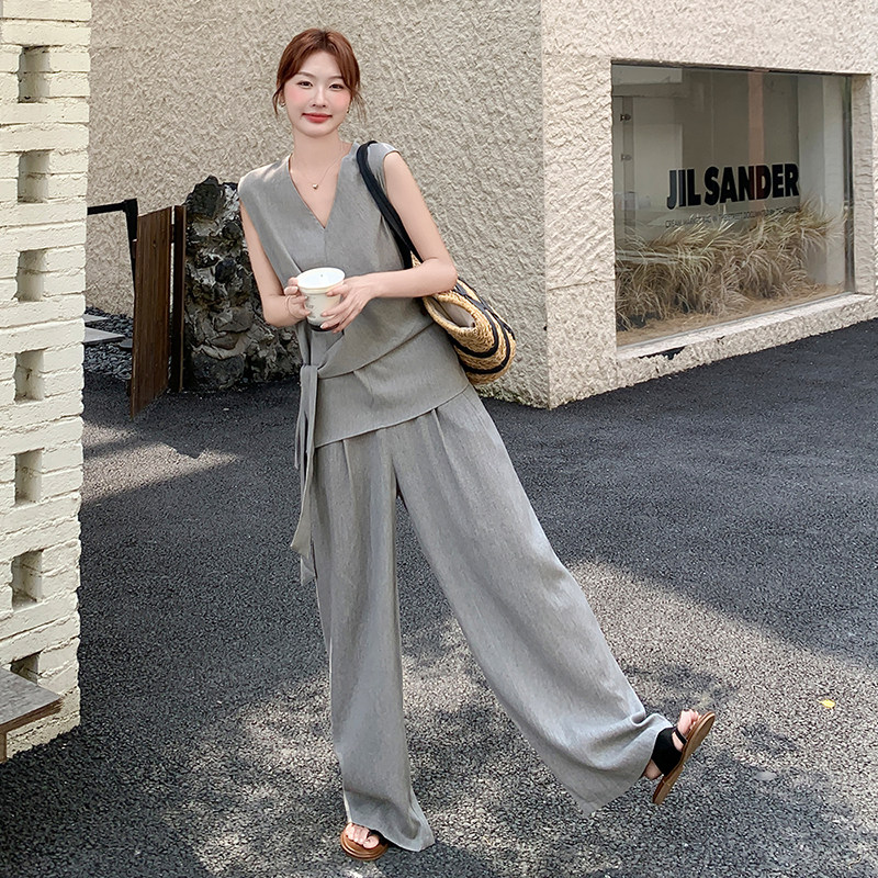 灰色气质高级感系带背心套装女2025夏季新款无袖上衣阔腿裤两件套,女装套装/套裙,2C139