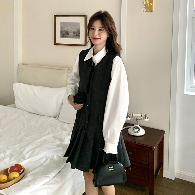 韩系减龄衬衫背心裙套装女春秋连衣裙两件套百褶裙学院风小个子,女装套装/套裙,2C166