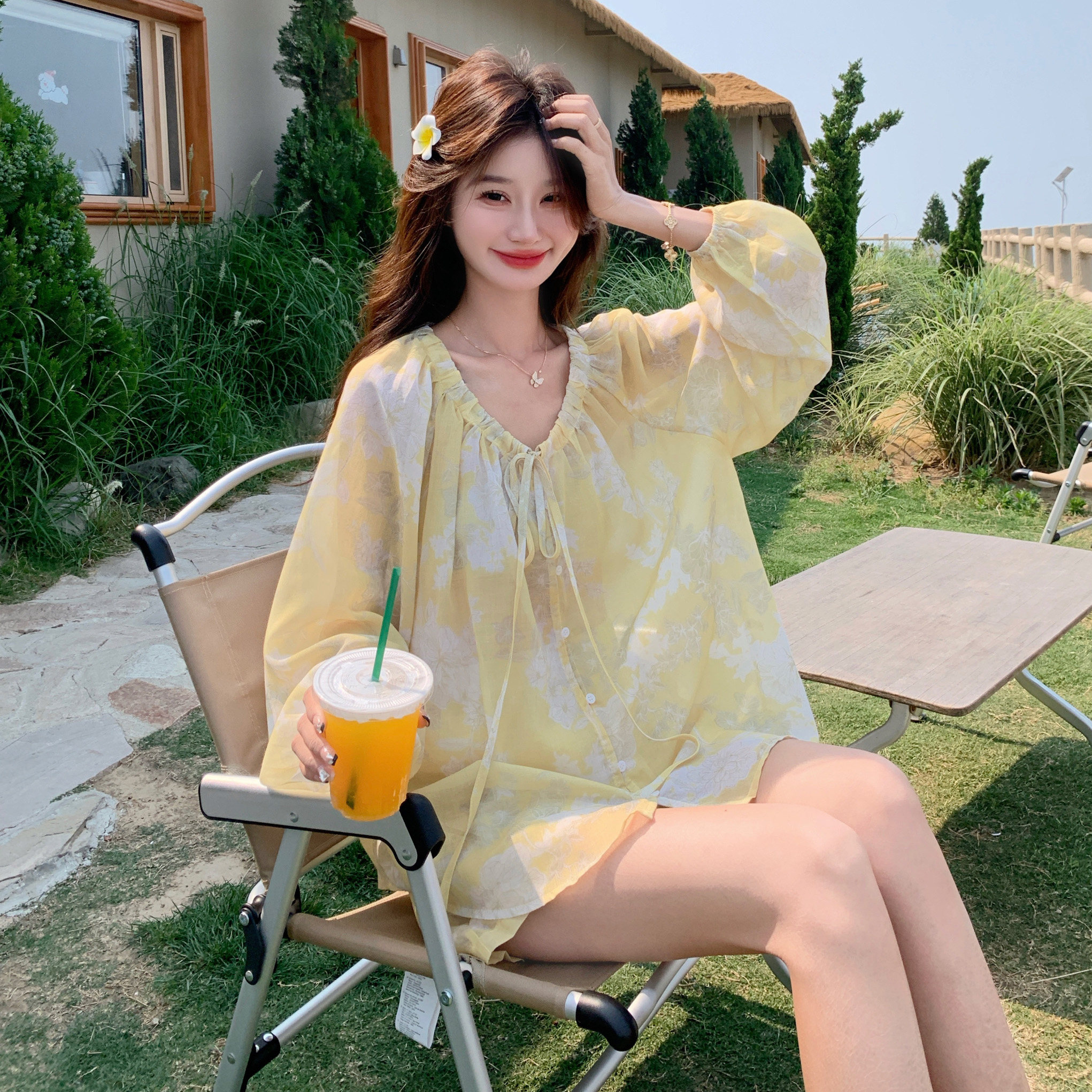 甜美度假风系带防晒上衣套装女2025夏季新款超好看休闲短裤两件套,女装套装/套裙,2C122