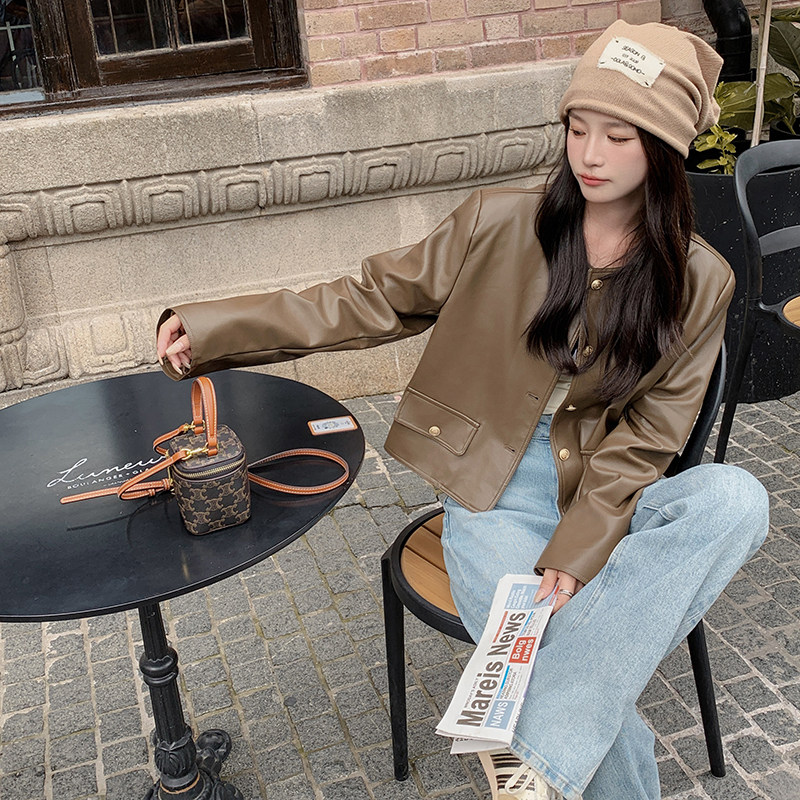 小香风皮衣外套女5春秋新款pu皮夹克机车服气质炸街设计感韩系,女装短外套,2C075