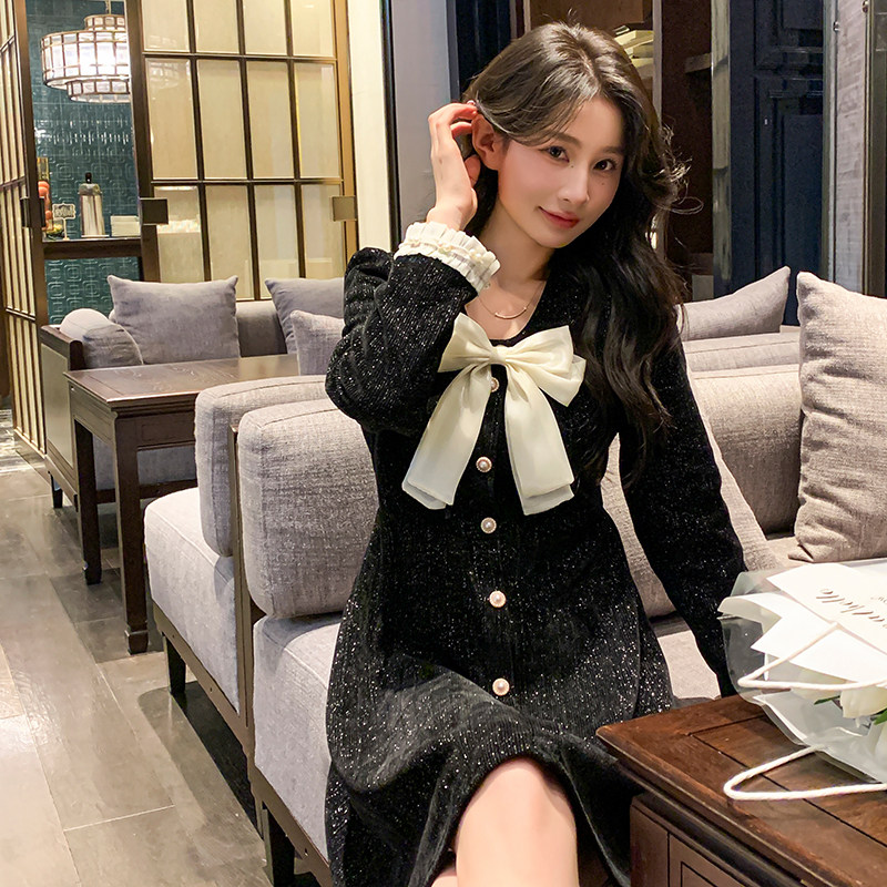 富家千金黑色小香风连衣裙女春秋新款名媛气质高级感超好看小个子,女装连衣裙,2C029