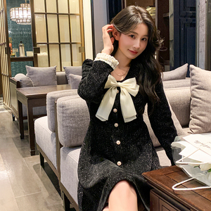 富家千金黑色小香风连衣裙女春秋新款名媛气质高级感超好看小个子图片