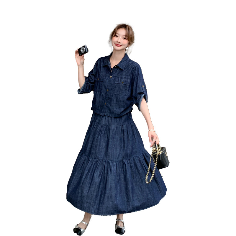 港风复古牛仔套装裙女2025春季新款时尚休闲衬衫外套半身裙两件套,女装套装/套裙,2C009