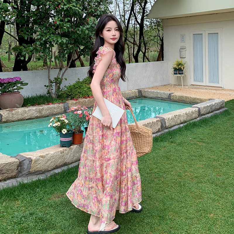 粉色小飞袖碎花连衣裙女2025夏季新款法式温柔风气质绝美仙女长裙,女装连衣裙,2C133