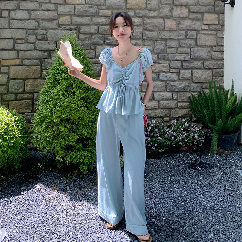 现货泡泡袖抽绳上衣+阔腿裤套装7602-P145-K208,女装套装/套裙,2C159