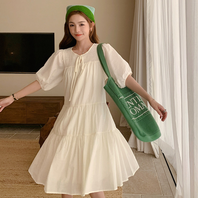 米白色泡泡袖连衣裙女2025夏季新款韩系chic宽松减龄小个子娃娃裙,女装连衣裙,2C201
