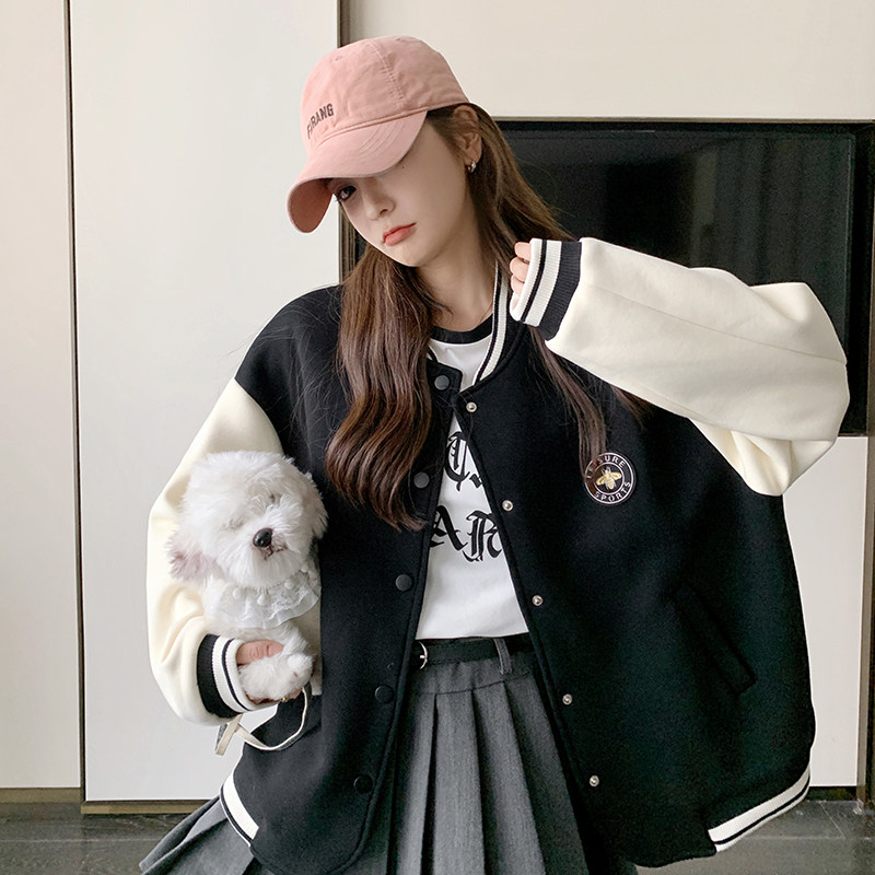 美式复古撞色拼接棒球服外套女2025春秋新款超好看学院风夹克上衣,女装短外套,2C196