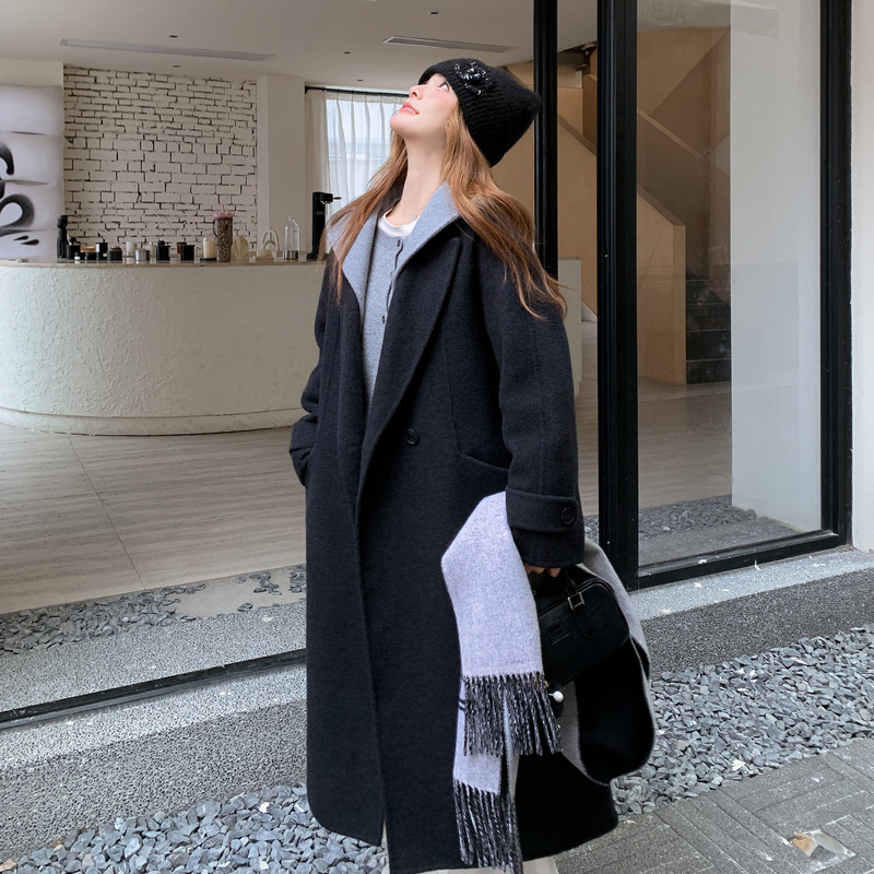 黑色高级感韩系羊毛双面羊绒大衣女冬季新款长款过膝加厚毛呢外套,女装毛呢外套,2B114