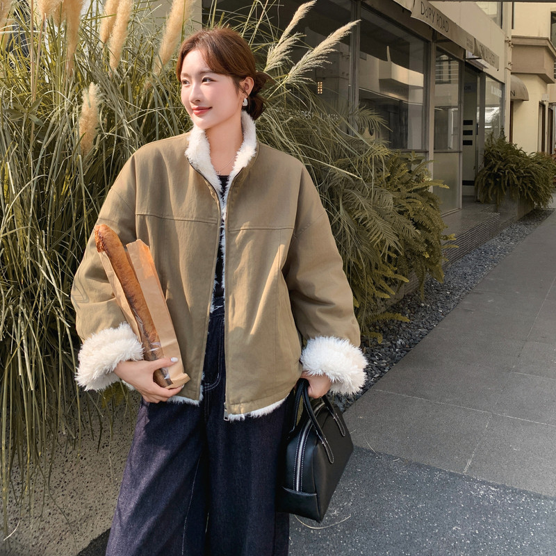 短款派克服女冬季新款韩版休闲时尚拉链仿羊羔毛内里加厚外套夹克,女装派克服,2C159