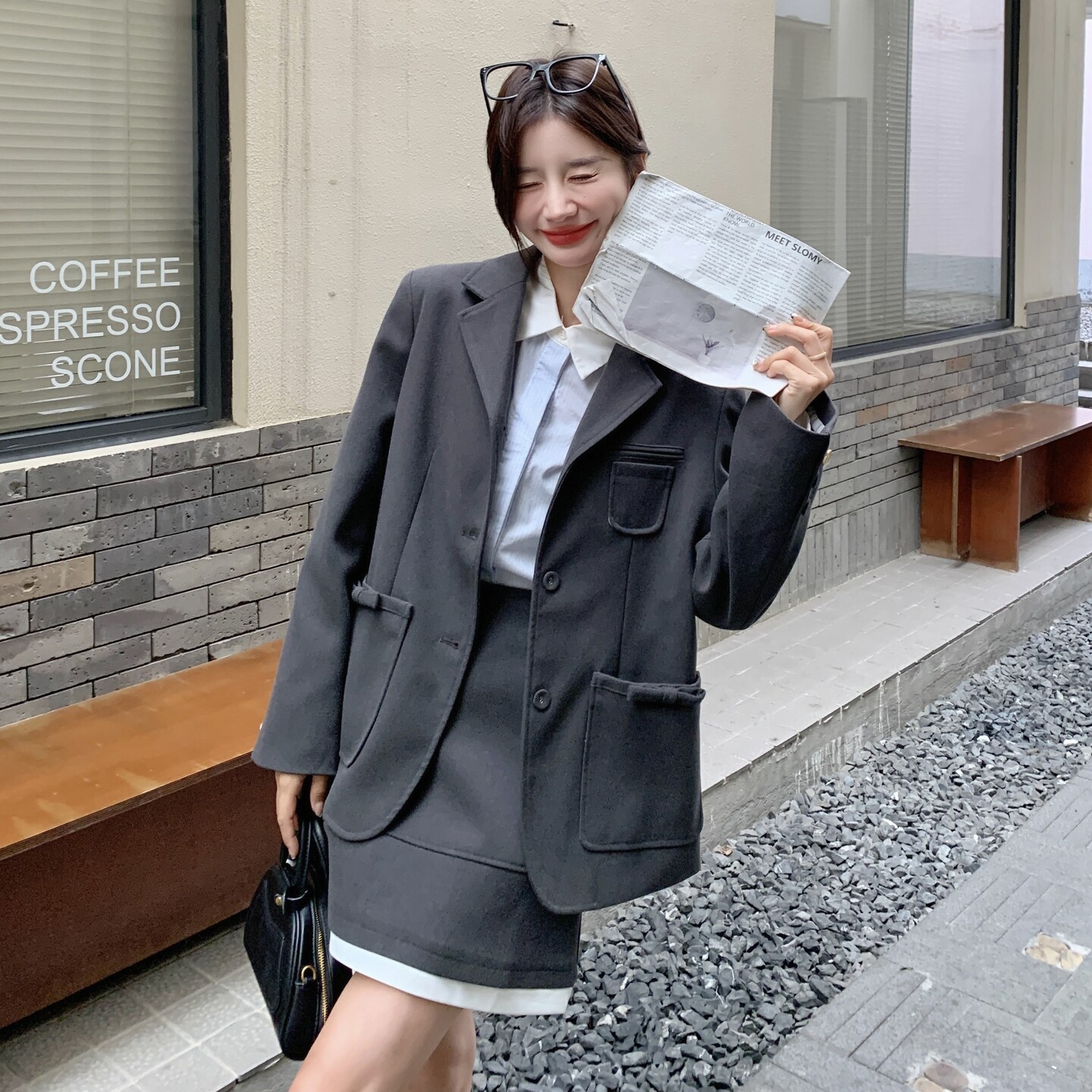 灰色减龄气质小西装套装裙女秋2025新款韩版小个子西服短裙两件套,女装套装/套裙,2C016