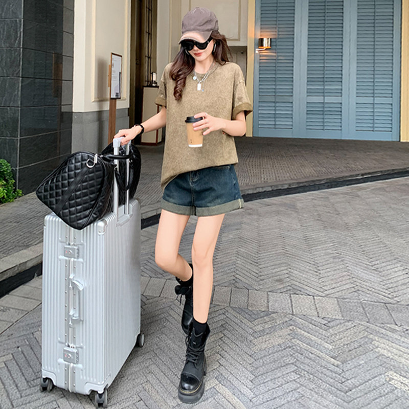 女夏季新款简约宽松圆领百搭纯色短袖T恤设计感时尚休闲运动上衣,女装T恤,2C310