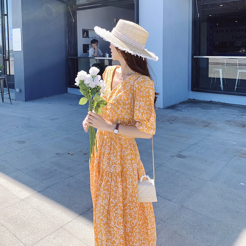 温柔风黄色碎花连衣裙女2023年夏季新款法式可盐可甜初恋甜美裙子,女装连衣裙,2C177