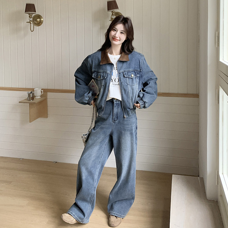 蓝色复古休闲牛仔套装女2025春秋季新款显瘦夹克外套阔腿裤两件套,女装套装/套裙,2C135