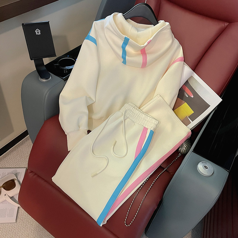 女秋欧货休闲运动杏色连帽卫衣阔腿裤套装,女装套装/套裙,2C310