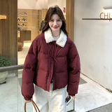 酒红色白鸭绒羽绒服羊羔毛翻领女冬季新款小个子加厚短款外套，女装羽绒服，2C009