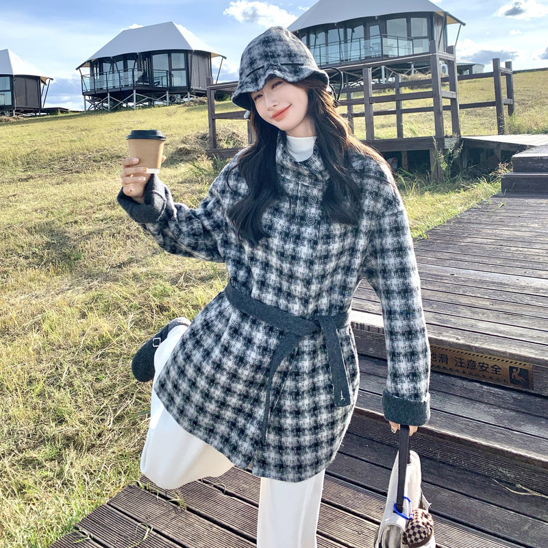 复古千鸟格双面呢大衣女2025年冬季新款韩系超好看气质羊毛呢外套,女装羊绒大衣,2C056