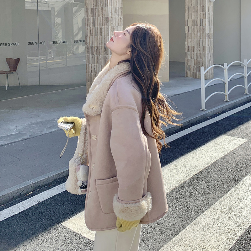 甜美粉色麂皮绒两面穿皮毛一体羊毛羔外套女秋冬2025新款加厚棉服,女装棉衣/棉服,2C122