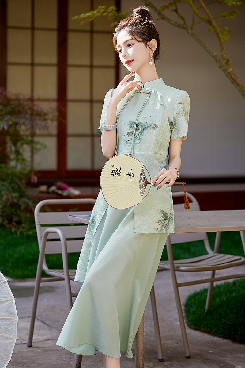 新中式国风假两件拼接旗袍女2024夏季新款日常可穿气质碎花连衣裙,女装连衣裙,吾爱衣