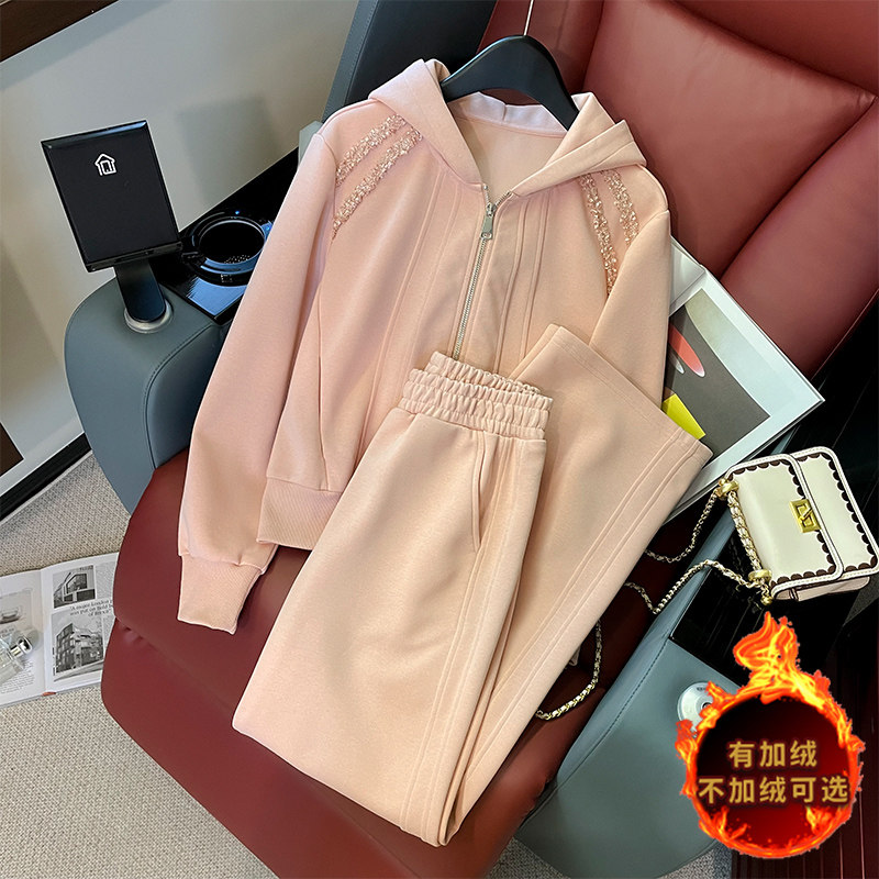 简约时尚连帽外套宽松阔腿卫裤两件套,女装套装/套裙,2C310