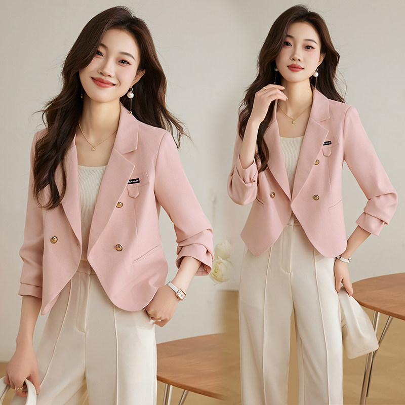洋气粉色西装外套女2024春秋新款修身显瘦小个子气质百搭西服上衣图片