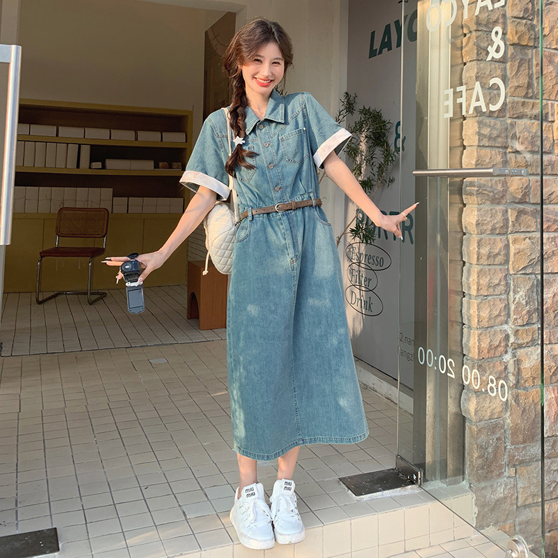 蓝色牛仔连衣裙女2025夏季新款韩系高级感气质收腰polo领衬衫长裙,女装连衣裙,2C098