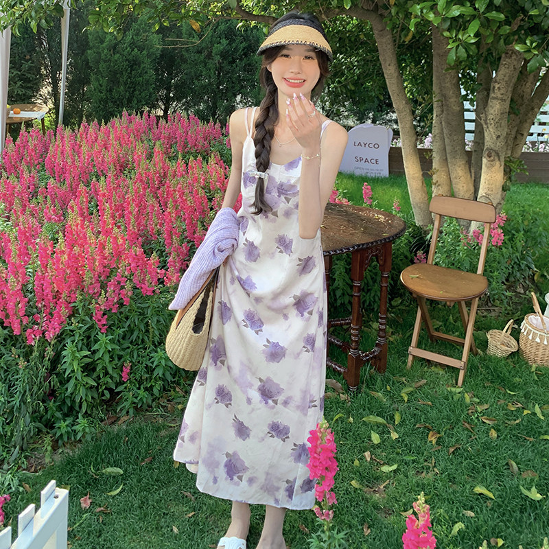 紫色碎花吊带裙女夏季薄款开衫披肩两件套连衣裙时尚搭配一整套,女装套装/套裙,2C057