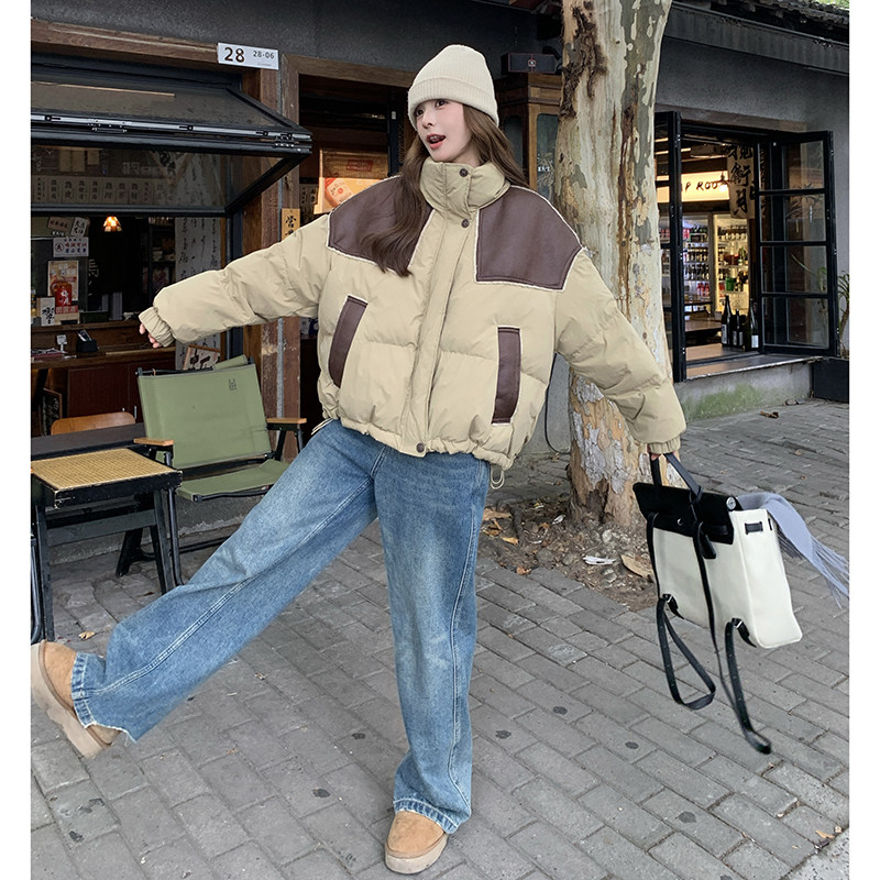 高级感炸街卡其色短款羽绒服女冬2024新款设计感pu拼接白鸭绒外套,女装羽绒服,2C166