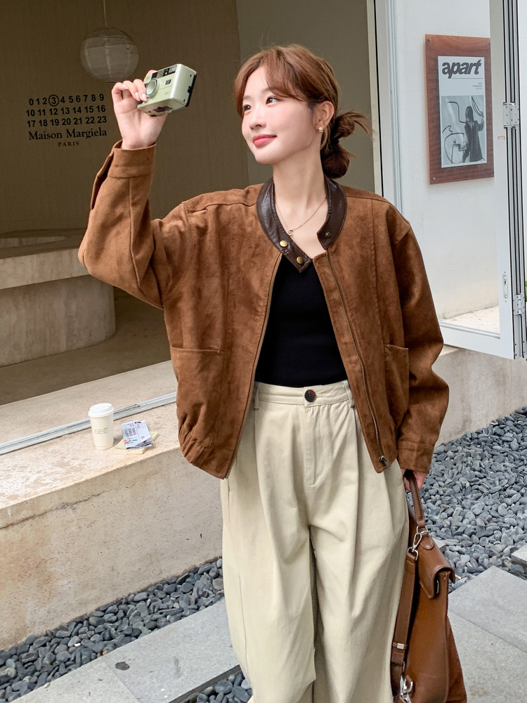 棕色复古麂皮绒短外套女2025年秋季新款韩系高级感小个子休闲夹克,女装短外套,2C258