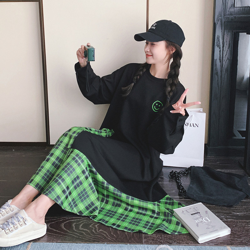 印花格纹撞色拼接黑色连衣裙女2025夏季新款宽松长款裙子韩版休闲,女装连衣裙,2C069