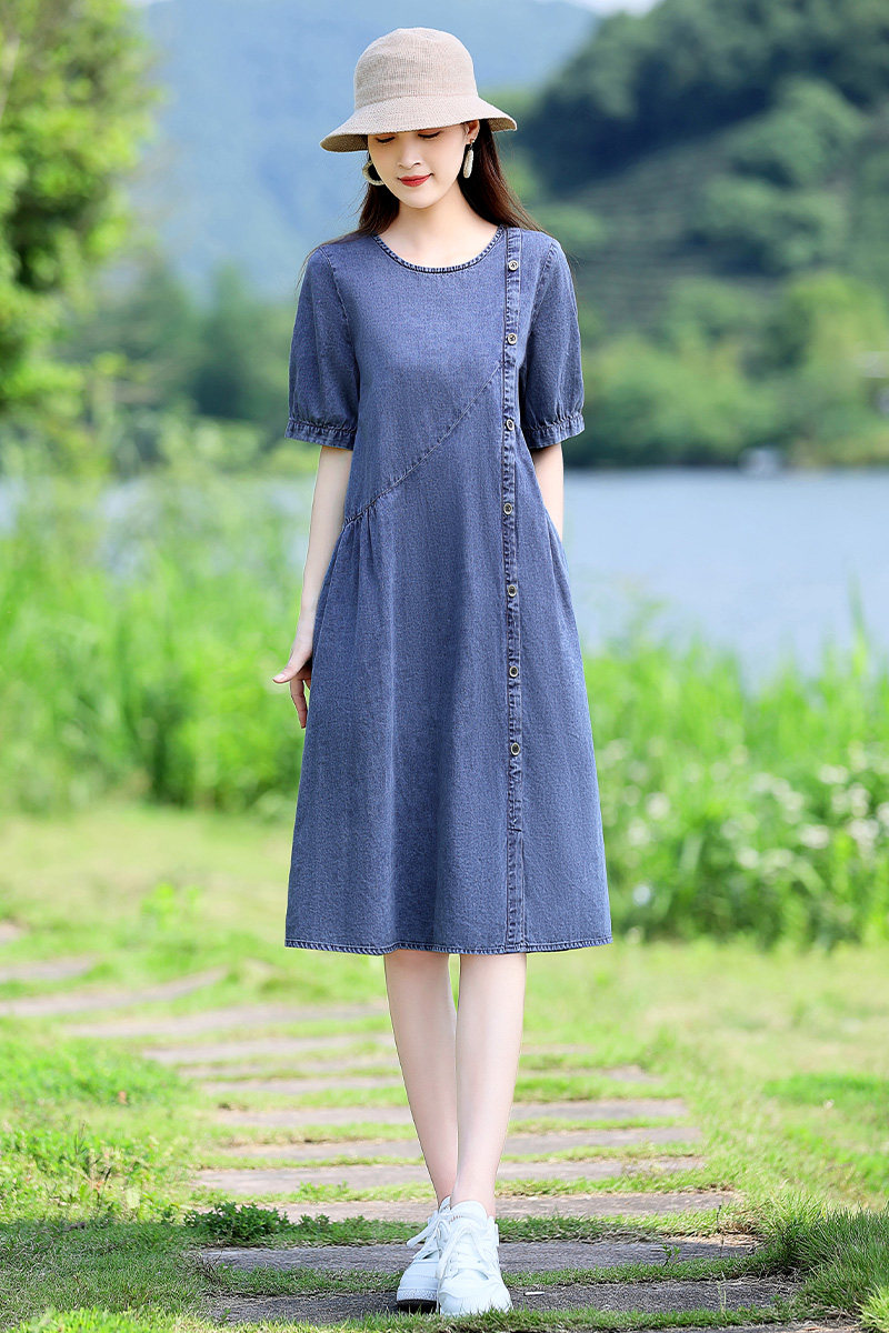 薄款纯棉牛仔连衣裙女夏2024新款宽松遮肚子显瘦妈妈休闲洋气裙子,女装毛呢外套,新感觉