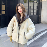 设计感假两件条纹连帽羽绒服女冬季宽松加厚面包服保暖外套，女装羽绒服，2C166