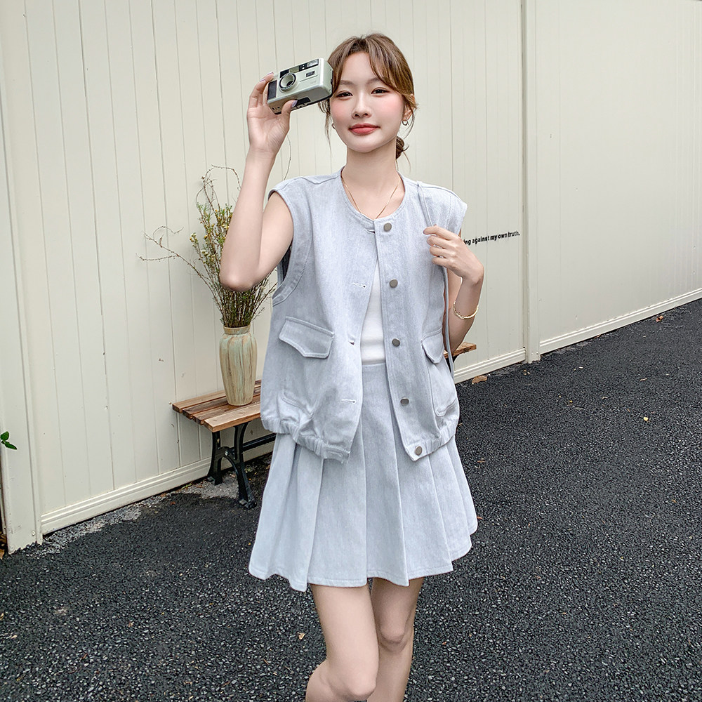 现:夏装新款法式复古马甲上衣＋百褶裙三件套2C135-6898P145K218图片