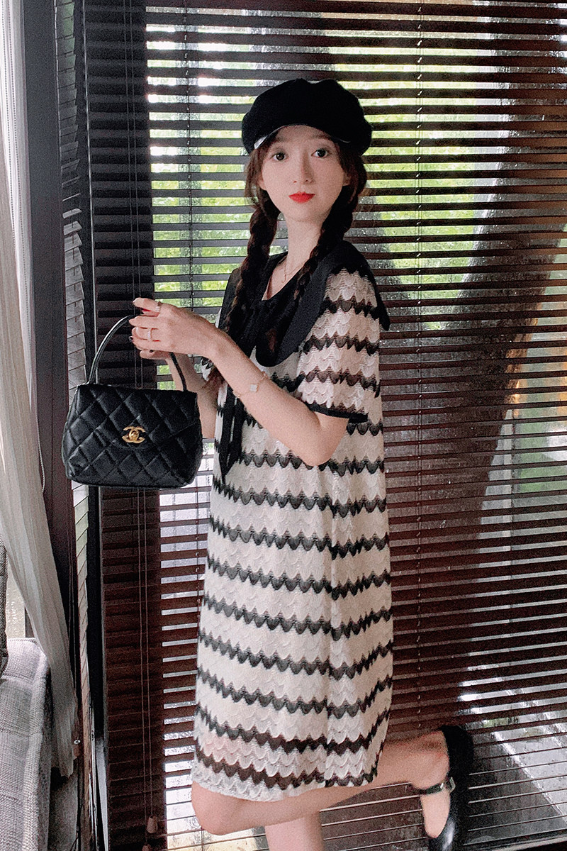 新品娃娃领条纹连衣裙9100-P115控168,女装连衣裙,2C196