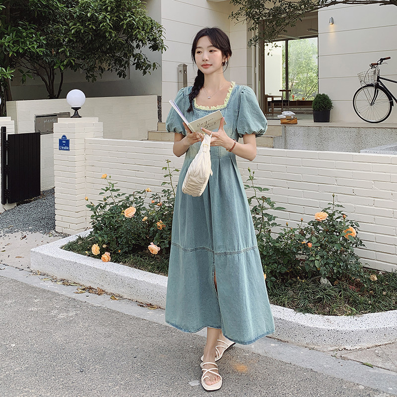 复古方领泡泡袖蓝色牛仔裙女夏2025新款学院风减龄高腰显瘦连衣裙图片