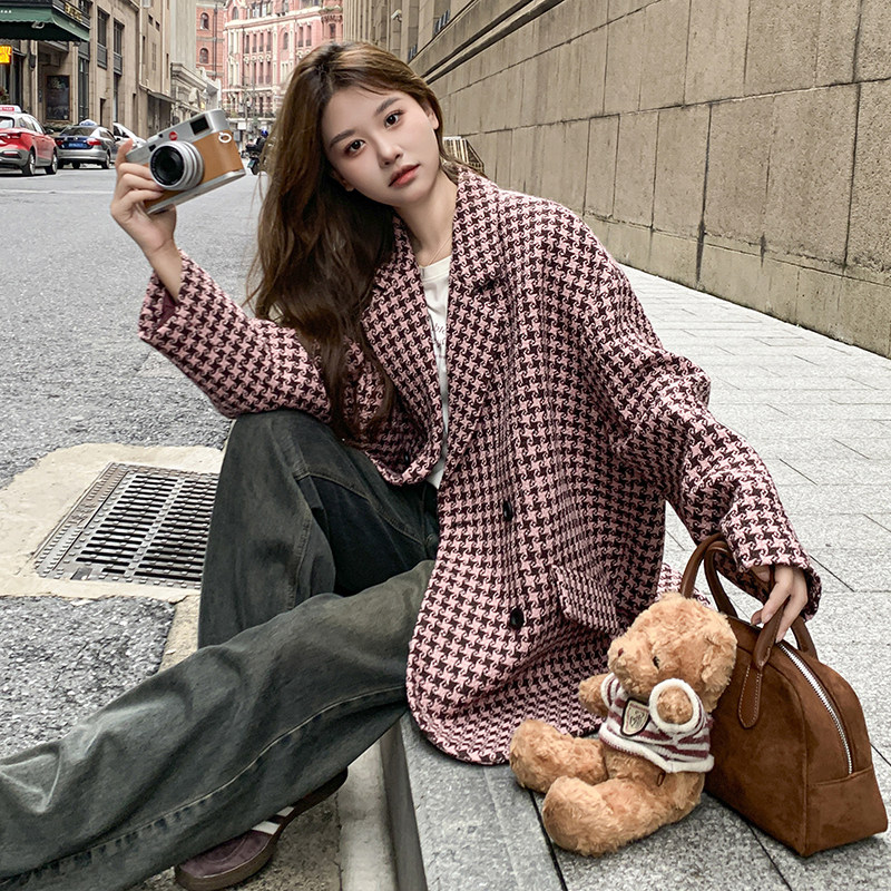 【新款现货】冬季新款粉色千鸟格西装毛呢外套2C371-P145-K228,女装毛呢外套,2C120