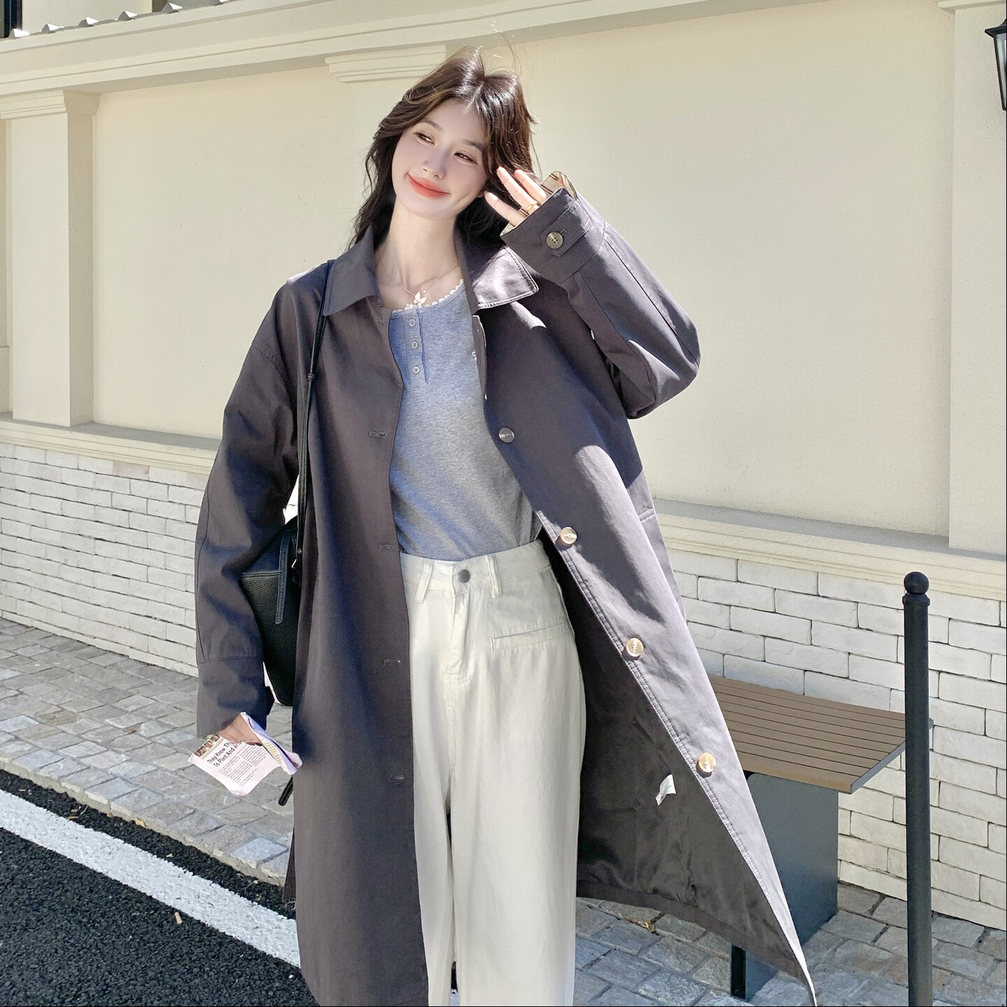 深灰色复古高级感气质风衣外套女2025秋韩系收腰显瘦格纹拼接大衣,女装风衣,2C271