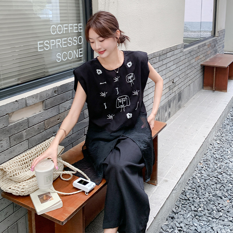 黑色网纱拼接印花无袖上衣阔腿裤套装女2025夏新款时尚显瘦两件套,女装套装/套裙,2C277