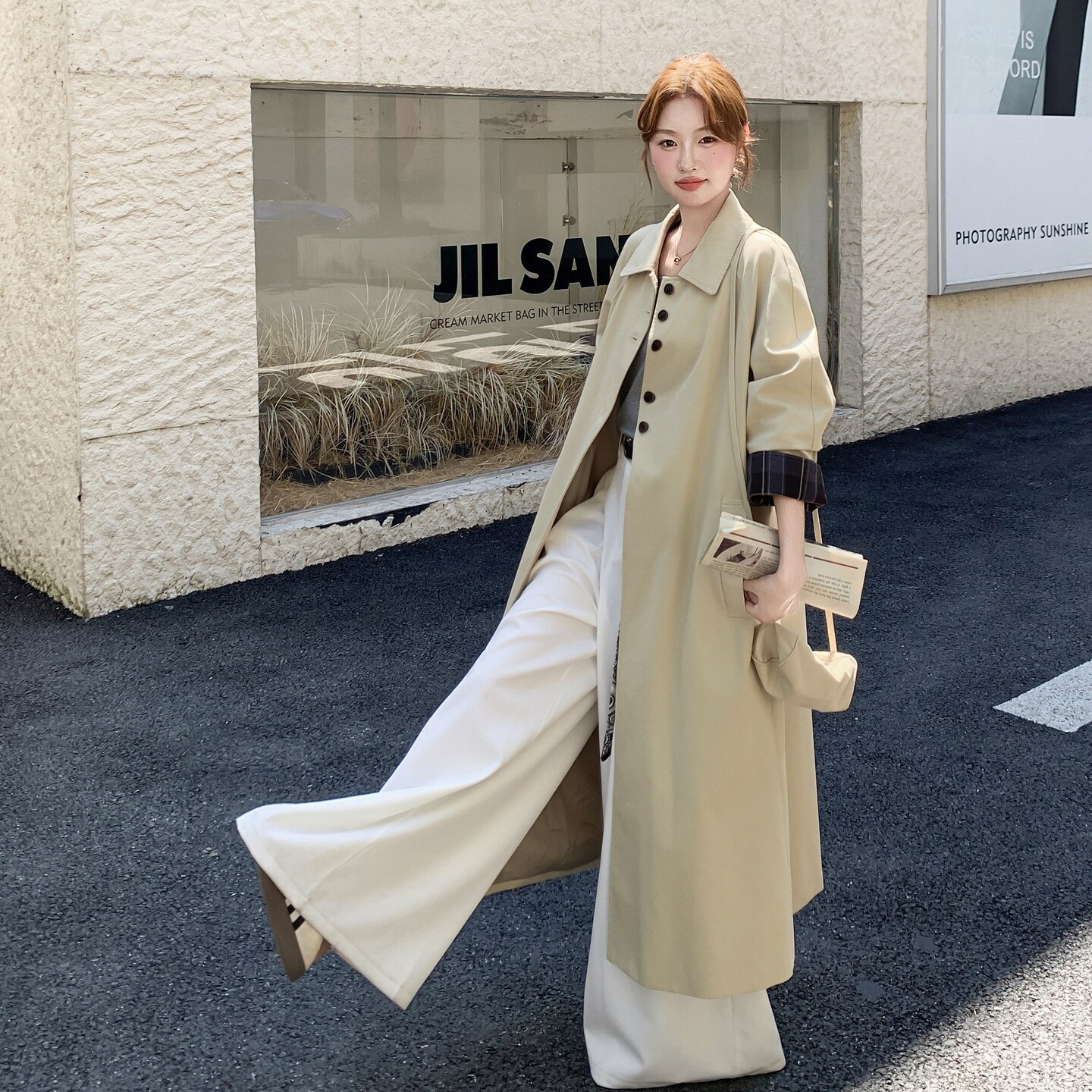 卡其色韩系松弛感风衣女中长款秋高级感穿搭显瘦撞色格纹拼接外套,女装风衣,2C325