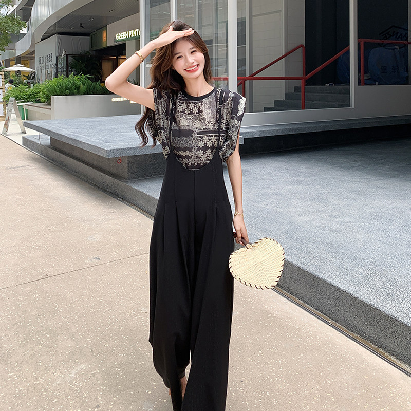 印花T恤吊带连体裤套装女夏2025新款阔腿裤两件套连衣裤背带裤,女装套装/套裙,2C122