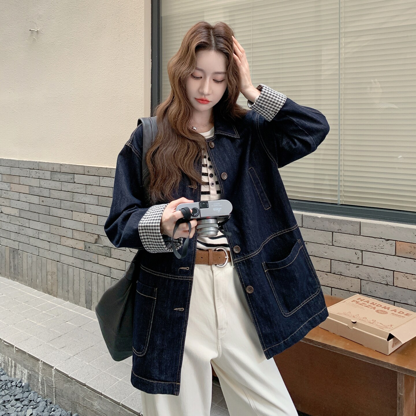 条纹拼接牛仔外套女秋季2025新款韩系慵懒风chic休闲超火减龄夹克,女装风衣,2C218